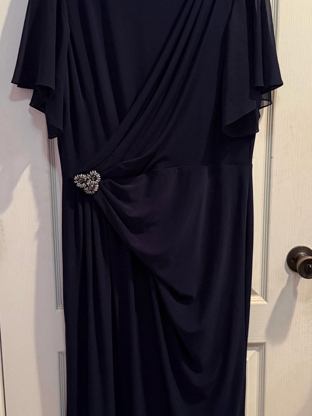 Ralph Lauren Navy Blue Maxi Dress with Rhinestone Brooch